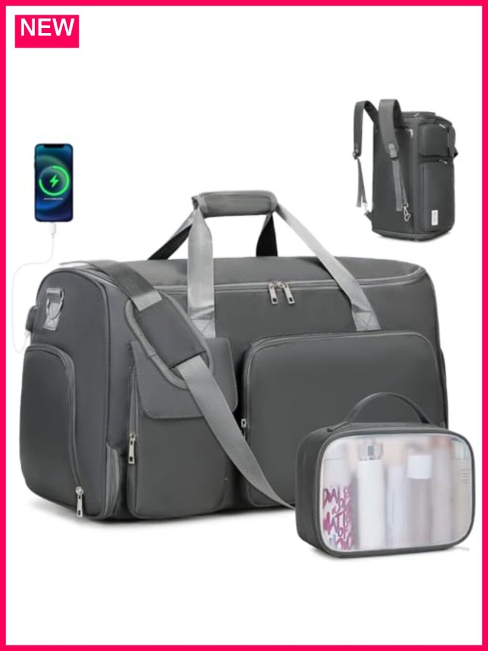 Convertible Carry On Duffle Bag with Shoe Compartment & Toiletry Bag, Garment